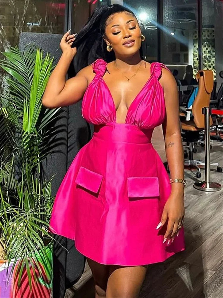 Women V Neck Solid Sleeveless Knot Mini Dress