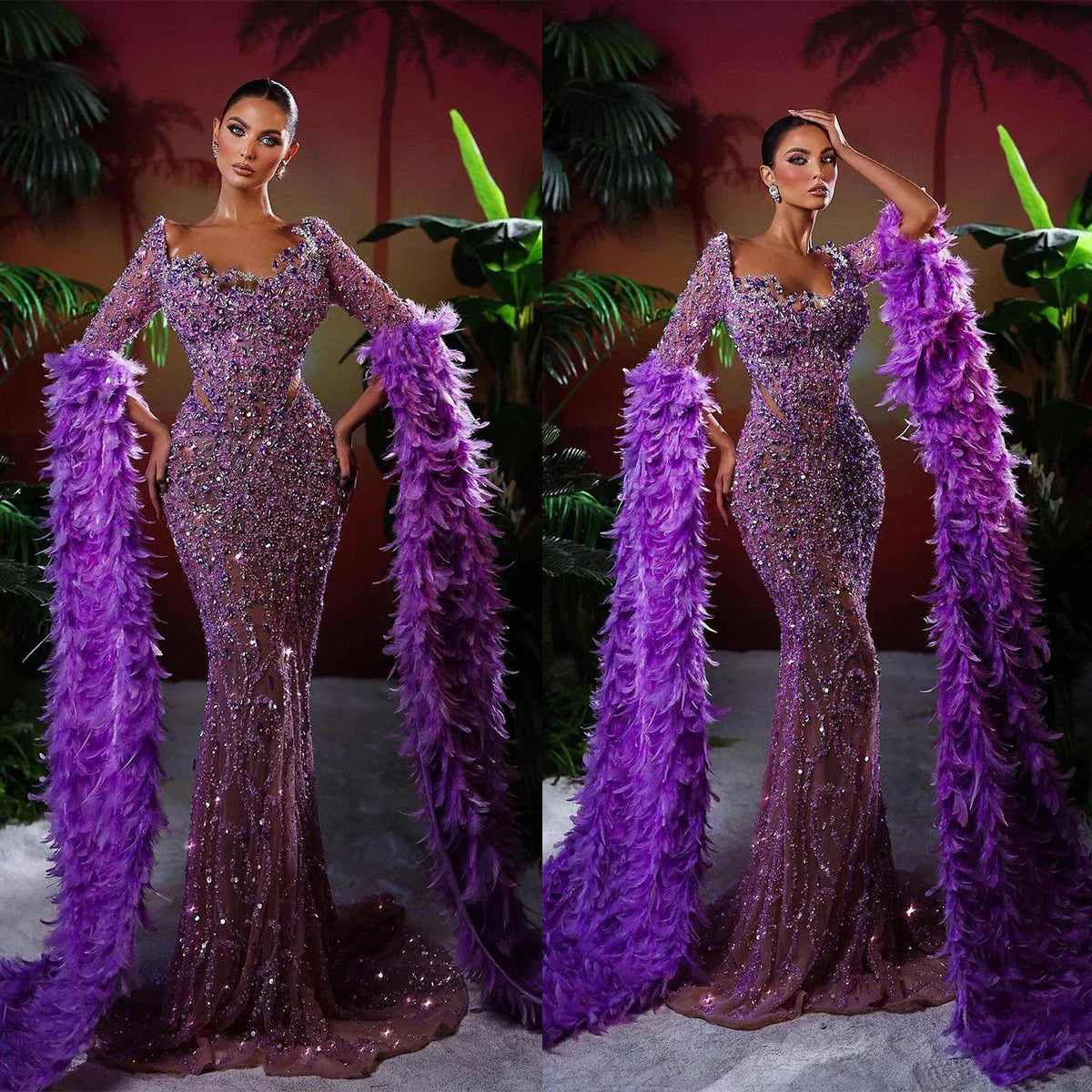 Mermaid Long Feather Sleeves Sequin Prom Dress