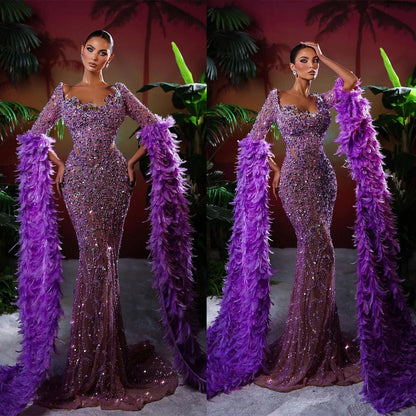 Mermaid Long Feather Sleeves Sequin Prom Dress