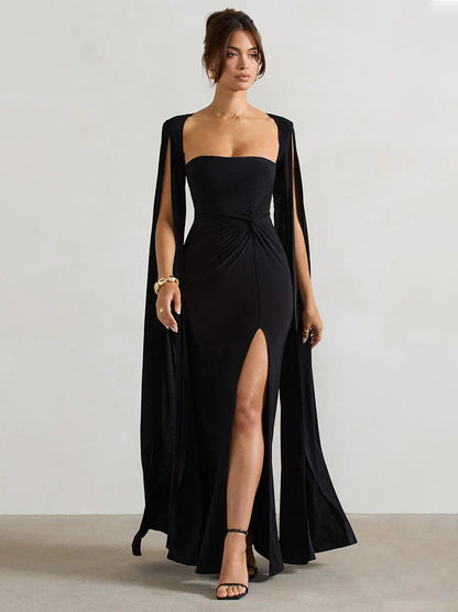 Elegant Cape Sleeve Maxi Dress with High Split