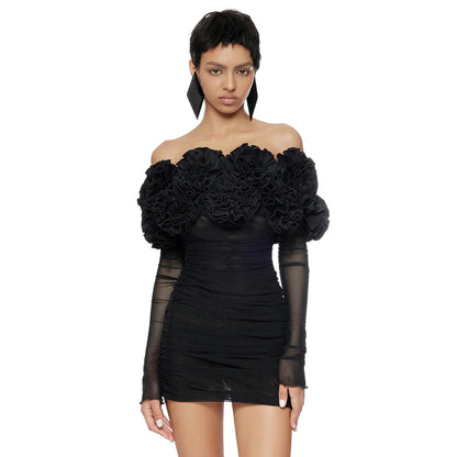 Black Mesh Full Sleeve Ruffles Mini Dress