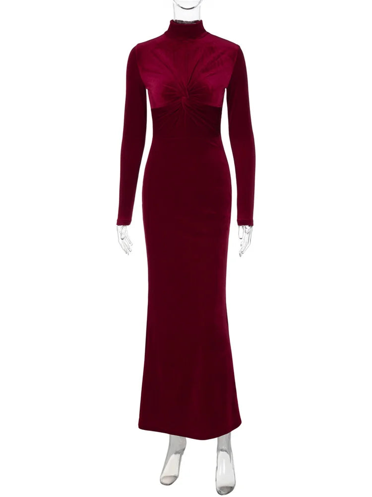 Pleated Twist Long Sleeve Maxi Dress