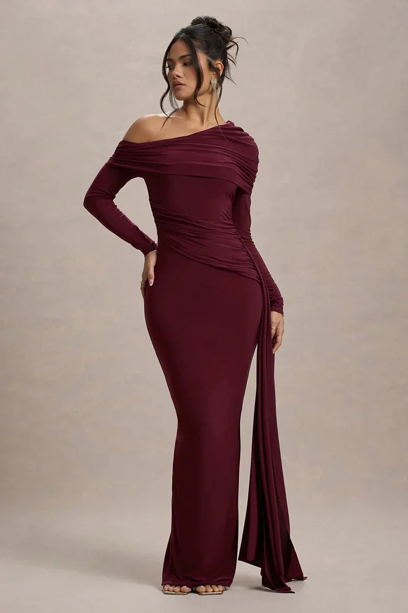 Skew Collar Long Sleeve Maxi Dress