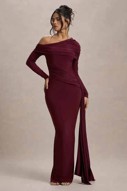 Skew Collar Long Sleeve Maxi Dress
