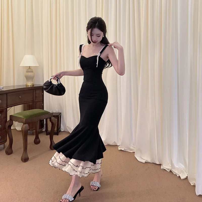 Black Ruffle Trim Fishtail Midi Dress