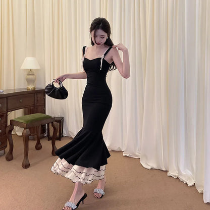 Black Ruffle Trim Fishtail Midi Dress