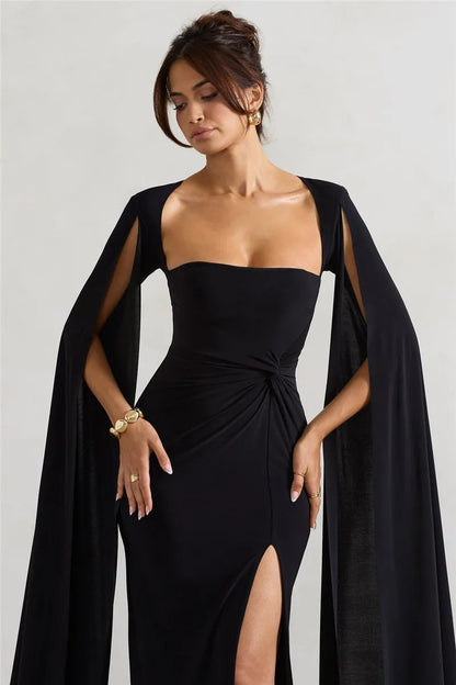 Elegant Cape Sleeve Maxi Dress with High Split