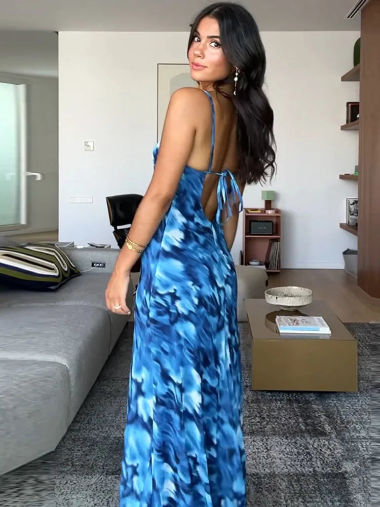 Halter Backless Blue Printed Lace-up Long Dress