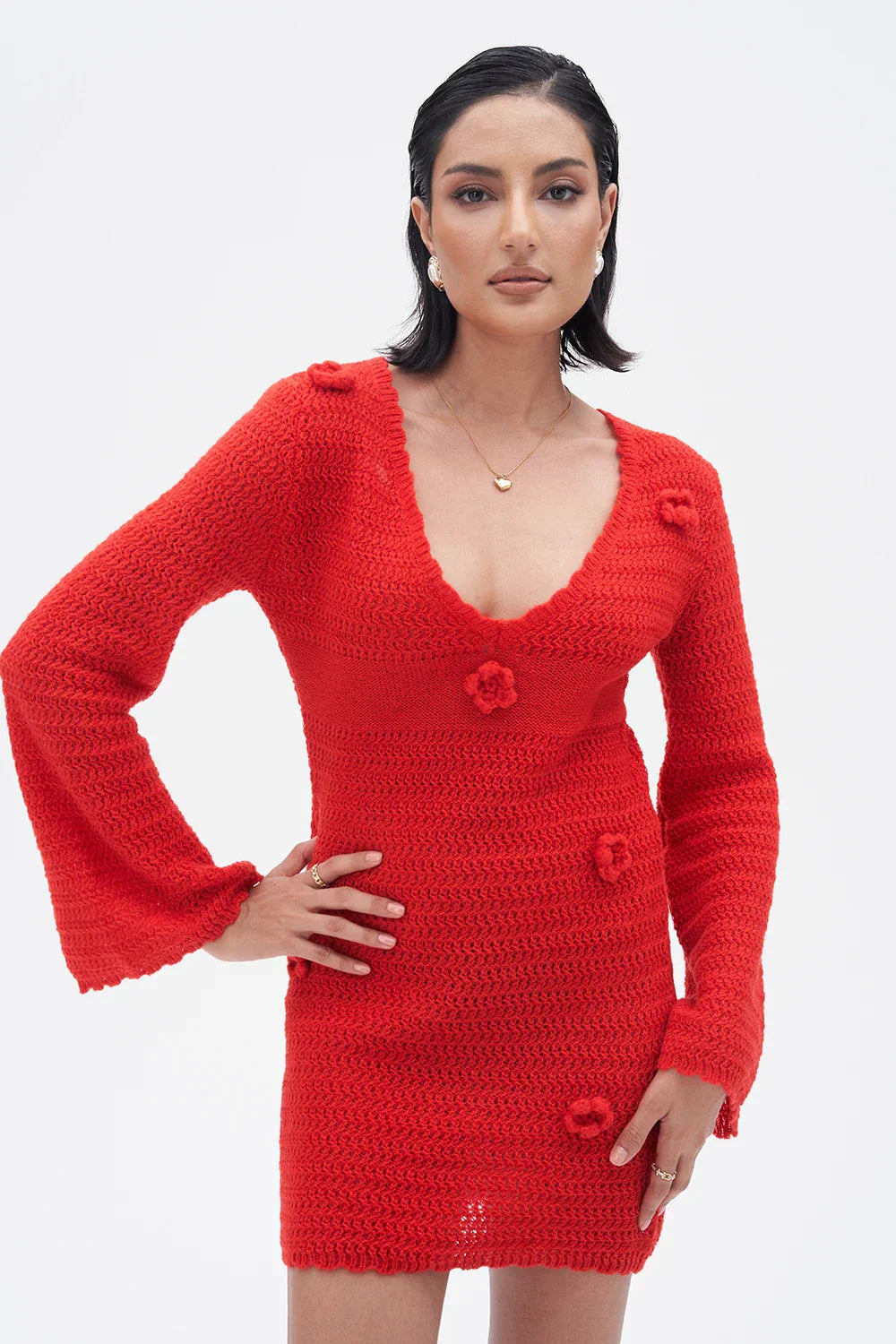 3D Flower Hand Crotch Full Flare Sleeve Sweater Dress