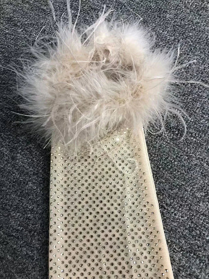 Long Sleeve Feathers Rhinestone Midi Dress