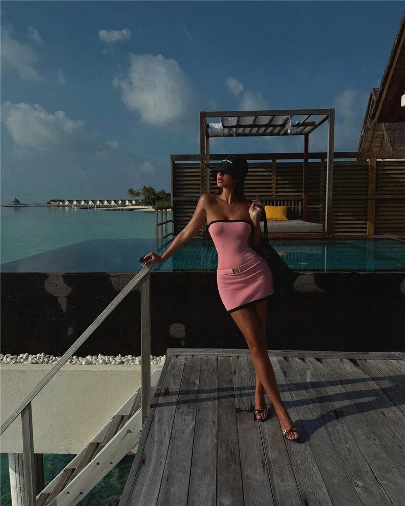 Two-Tone Strapless Ribbed Belt Mini Dress