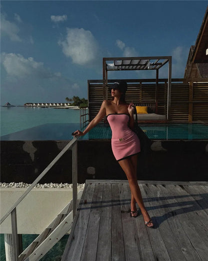 Two-Tone Strapless Ribbed Belt Mini Dress