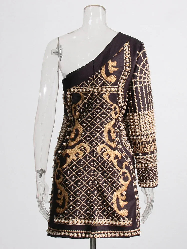 Printed Diagonal Neck Off One-Shoulder Patchwork Bead Dress