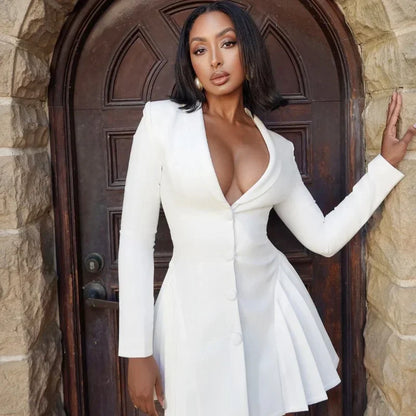 Plunging Neckline Pleated & Buttoned Blazer Dress