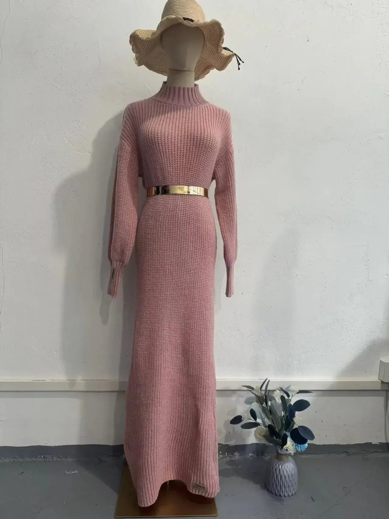 Turtleneck Pullover Solid Sweater Dress With Belt