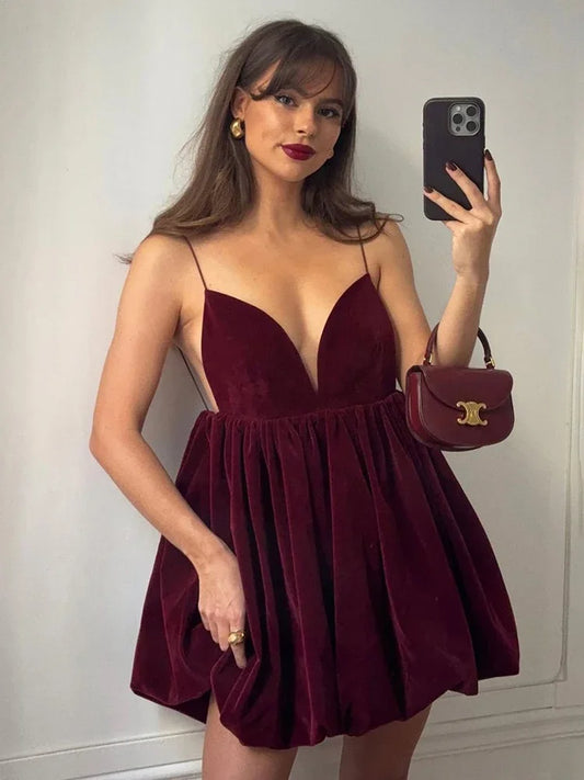 Velvet Deep V Neck Mini Lantern Dress