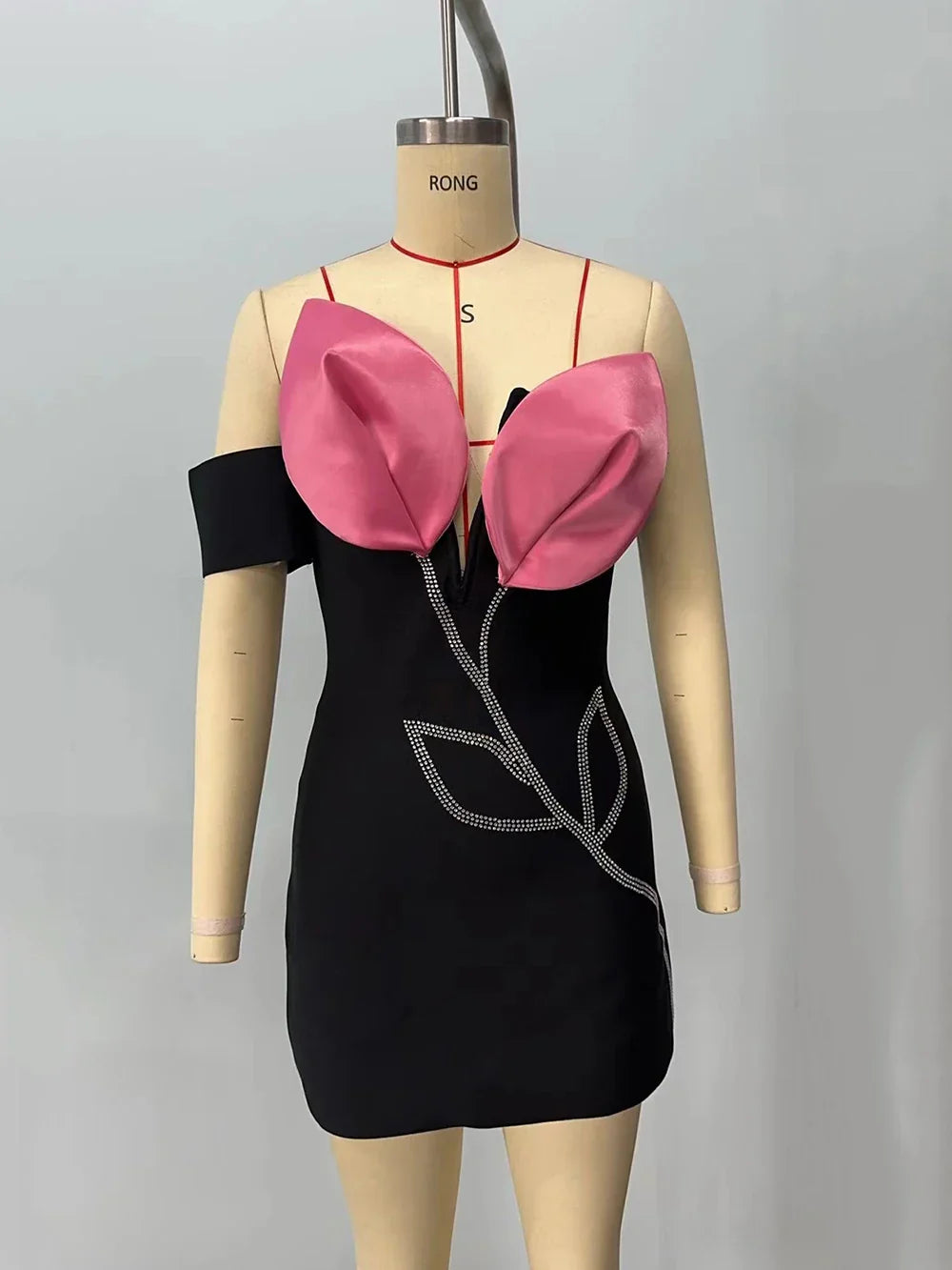 Diamond Appliques Off Shoulder Black Mini Dress