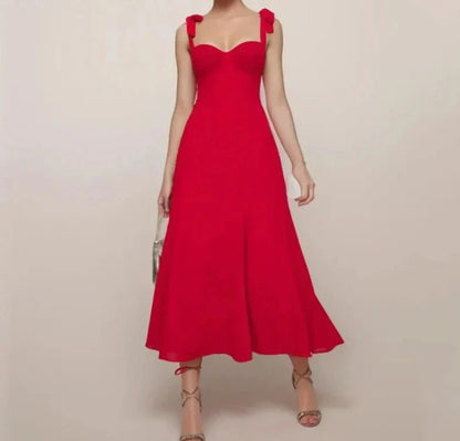 Solid Red Tie Bow Strap Midi Dress