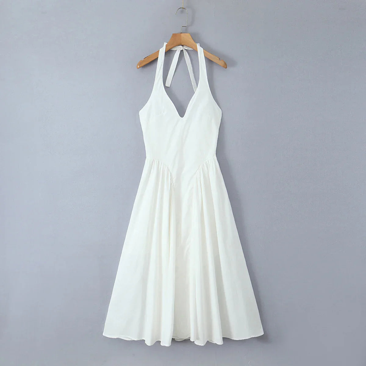 White Bow Halter Neck Pleated Midi Dress