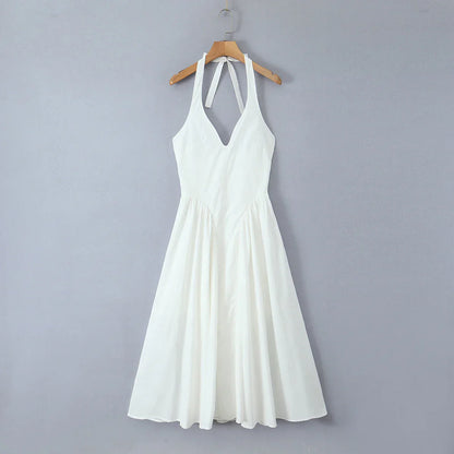 White Bow Halter Neck Pleated Midi Dress