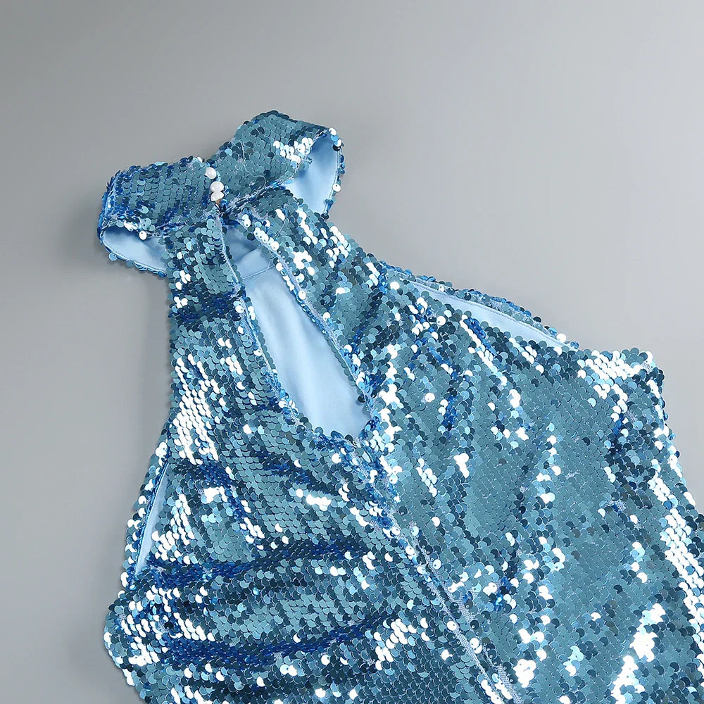 High neck bead wrapped hip skirt slit sequin dress