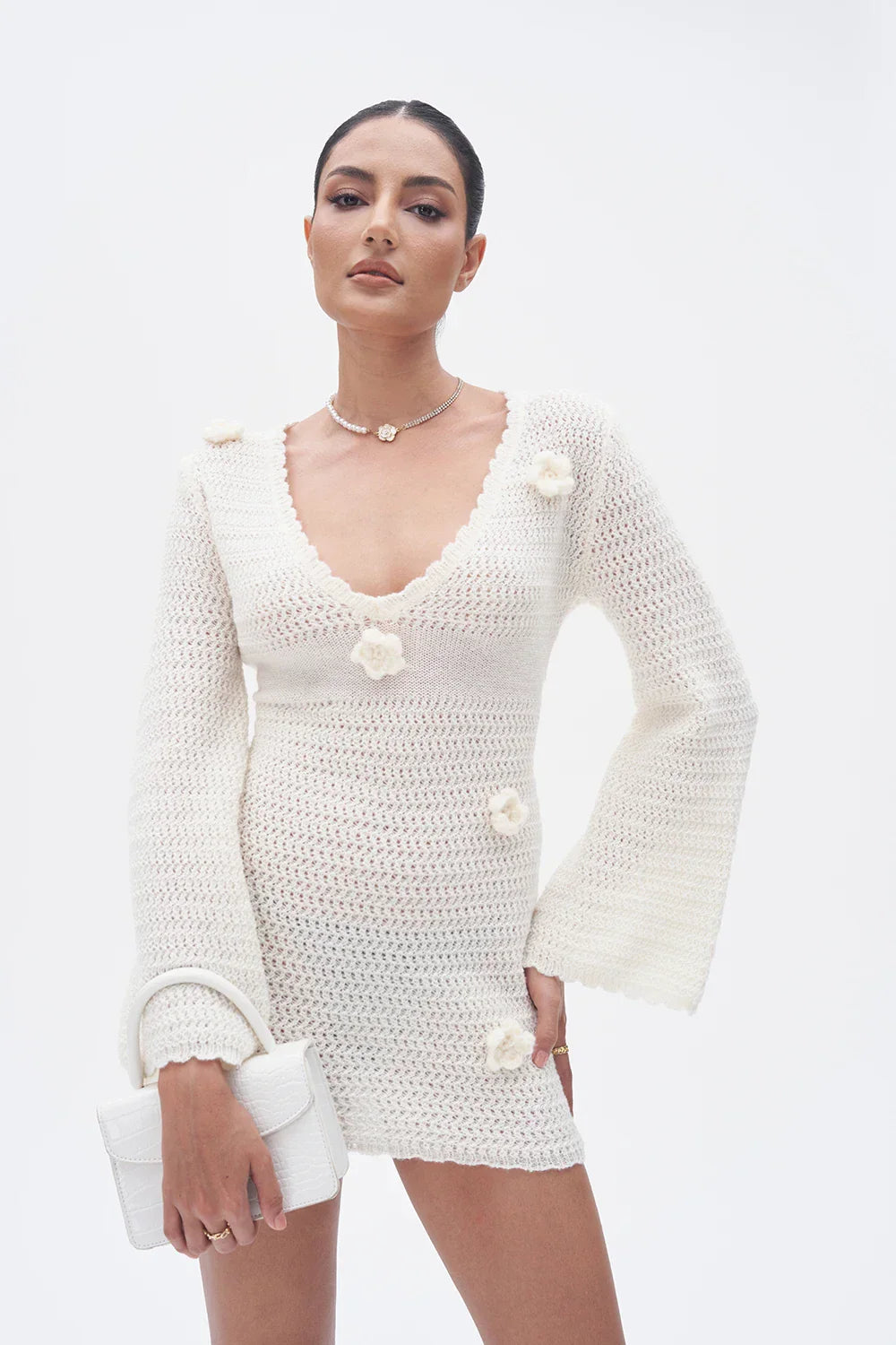 3D Flower Hand Crotch Full Flare Sleeve Sweater Dress