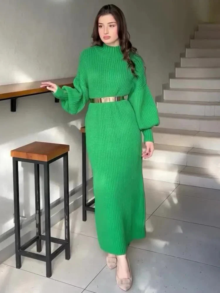 Turtleneck Pullover Solid Sweater Dress With Belt