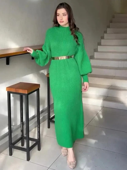 Turtleneck Pullover Solid Sweater Dress With Belt