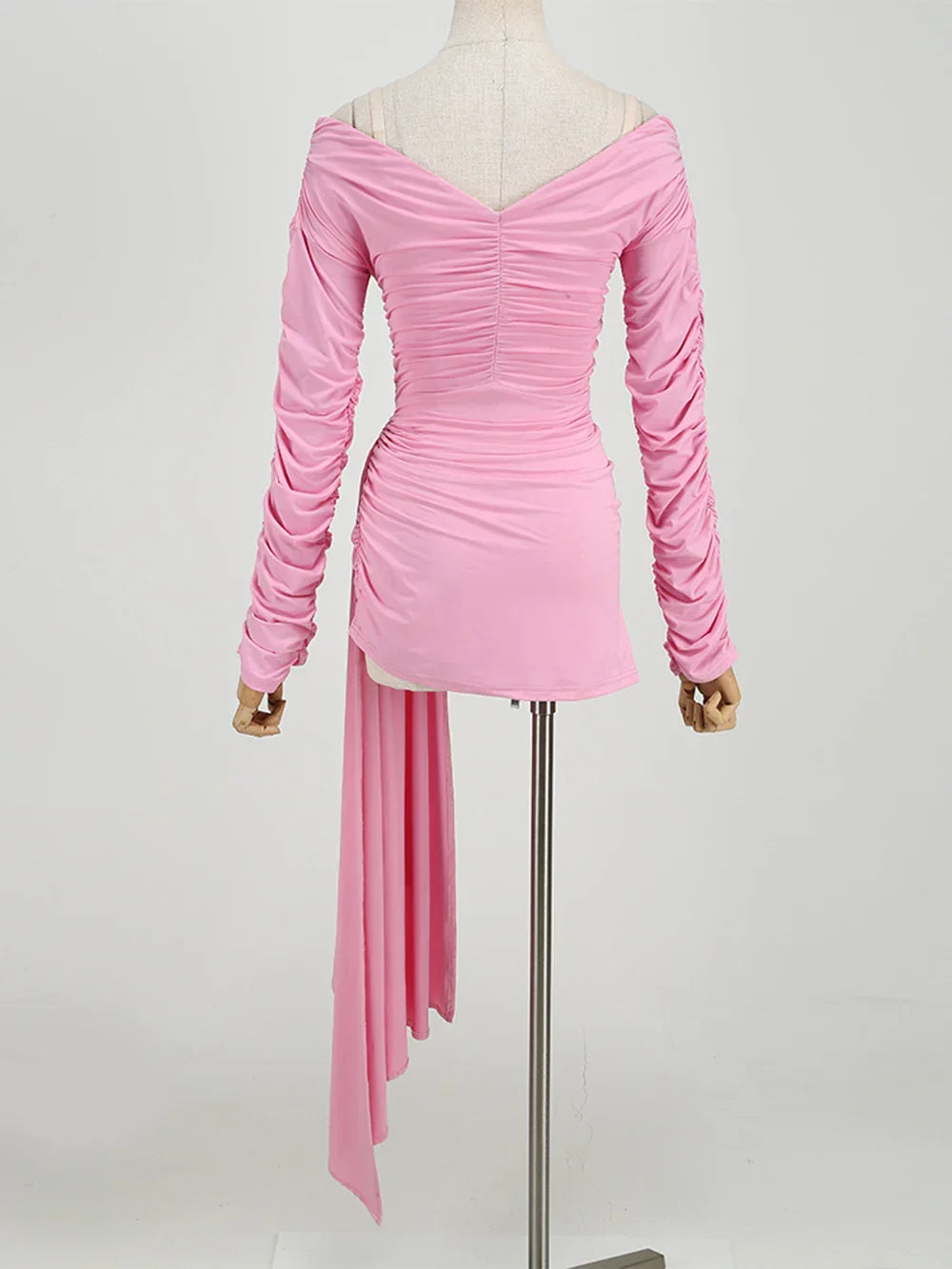 Pink Hollow Out Long Sleeved V-Neck Mini Dress
