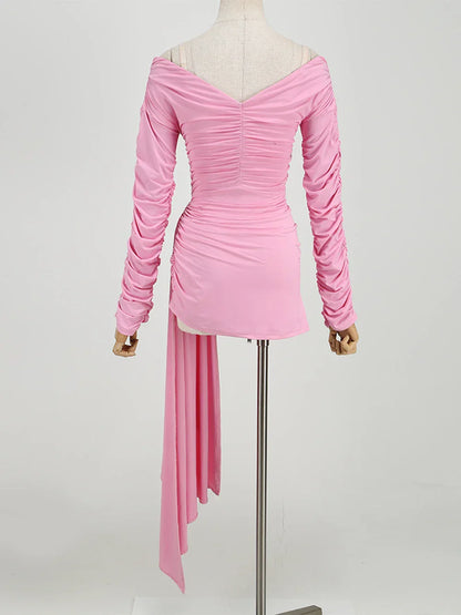 Pink Hollow Out Long Sleeved V-Neck Mini Dress