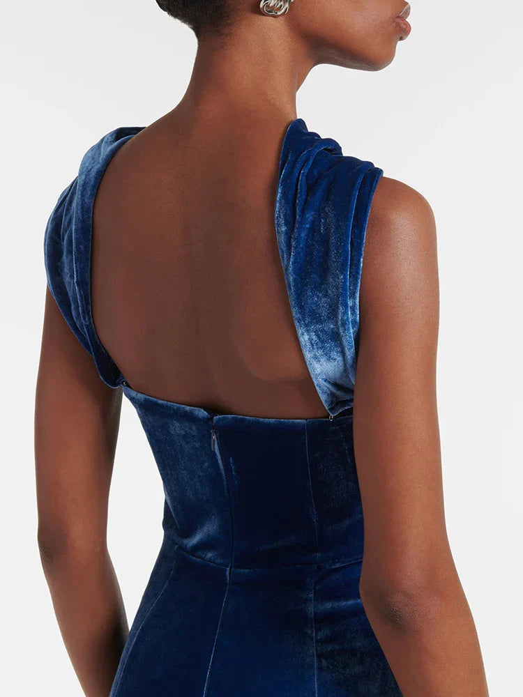 Blue Velvet Halter Sleeveless Maxi Dress