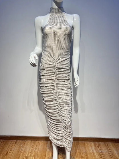 Halter Neck Backless Crystal Folds Long Dress