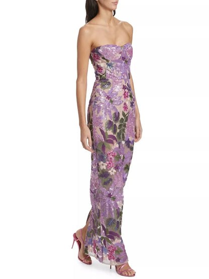 Floral-Embellished Sequin Lavender Ankle Length Dress