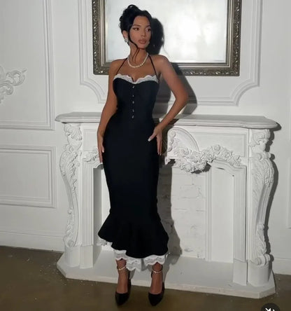 Black Lace Trumpet Spaghetti Strap Midi Dress