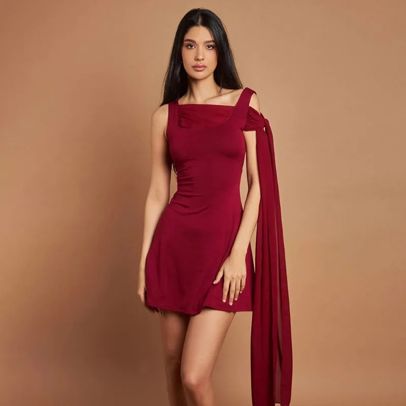 Asymmetrical Chiffon Ribbon Sleeveless Mini Dress