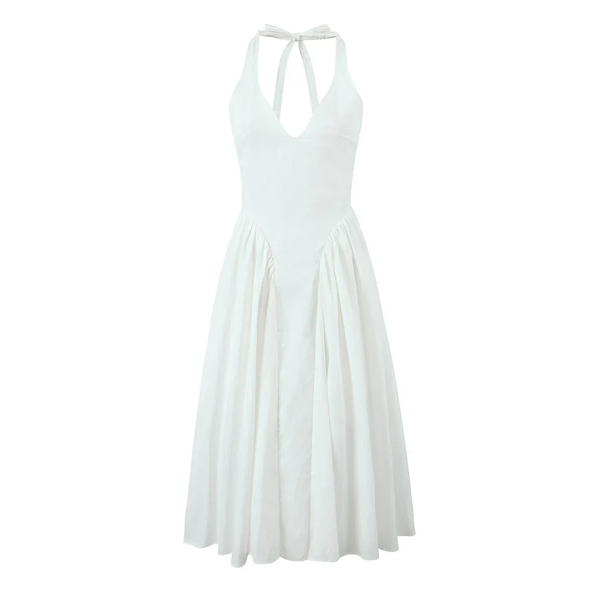 White Bow Halter Neck Pleated Midi Dress