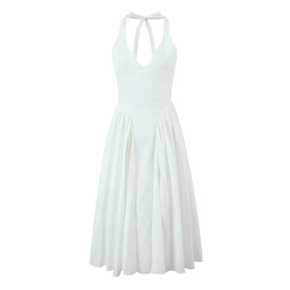 White Bow Halter Neck Pleated Midi Dress