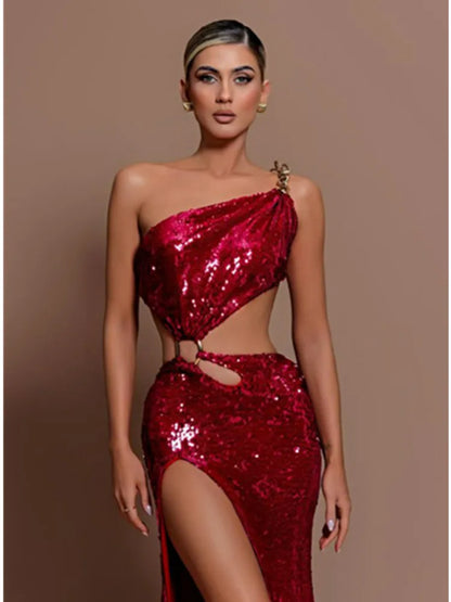 One Shoulder Mesh Sequins Red Maxi Dress