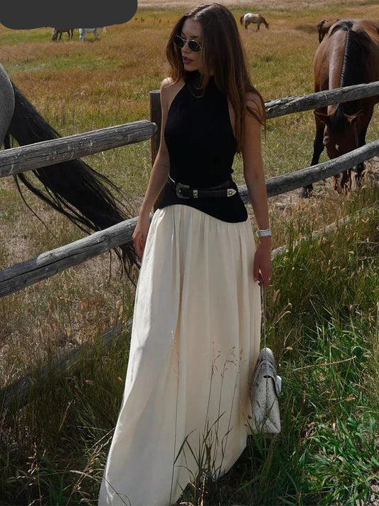 Contrast Patchwork Halter Backless Long Bodycon Dress