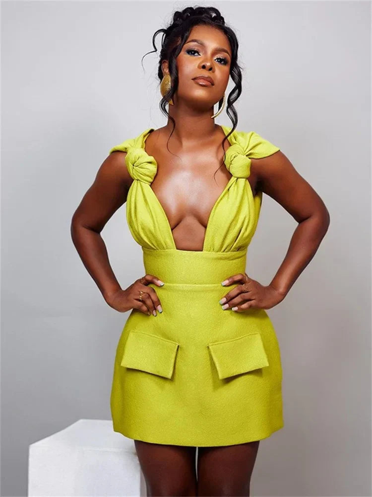 Women V Neck Solid Sleeveless Knot Mini Dress