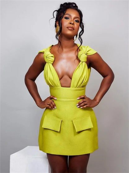 Women V Neck Solid Sleeveless Knot Mini Dress