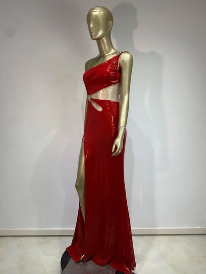 One Shoulder Mesh Sequins Red Maxi Dress