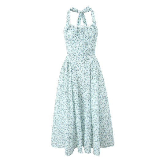 Floral Bow Halter Neck Lacing Up Midi Dress