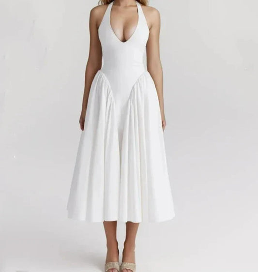White Bow Halter Neck Pleated Midi Dress