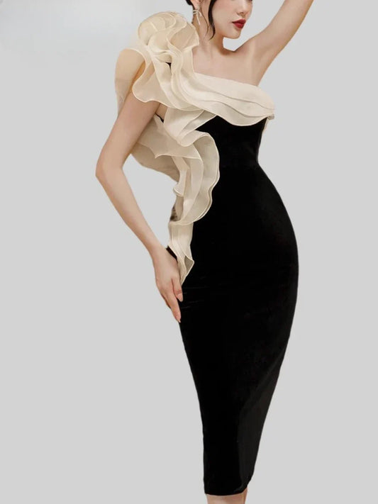 Diagonal Neck Patchwork Ruffles Folds Dress