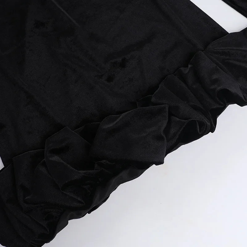 Velvet 3D Pleated Hem Long Sleeve Dress