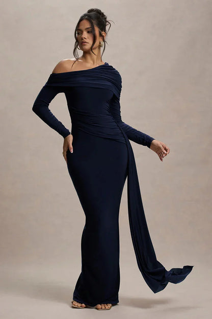 Skew Collar Long Sleeve Maxi Dress