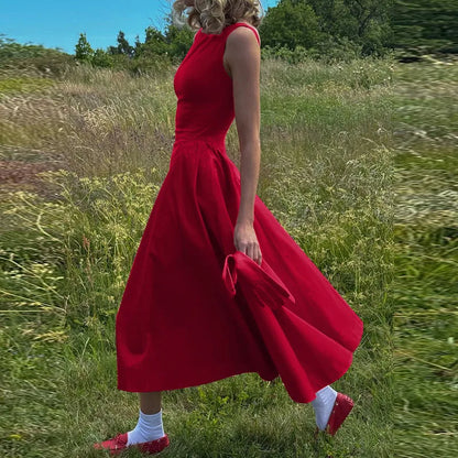 Straight Neck Sleeveless Flare Midi Dress