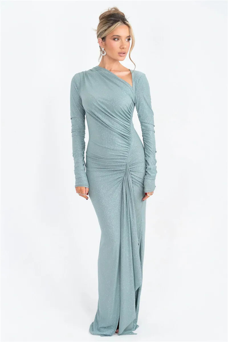 Long Sleeve Ruched Maxi Dress with Thigh-High Split