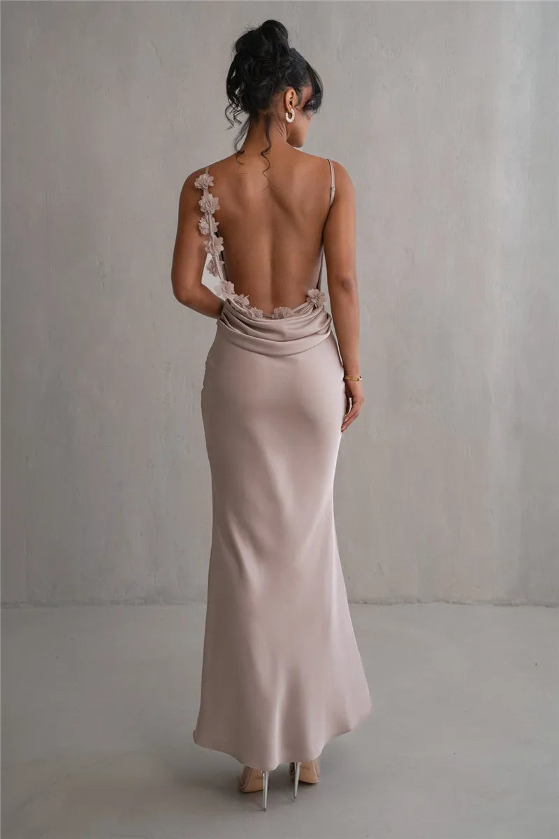3D Flower Draped Open Back Maxi Dress